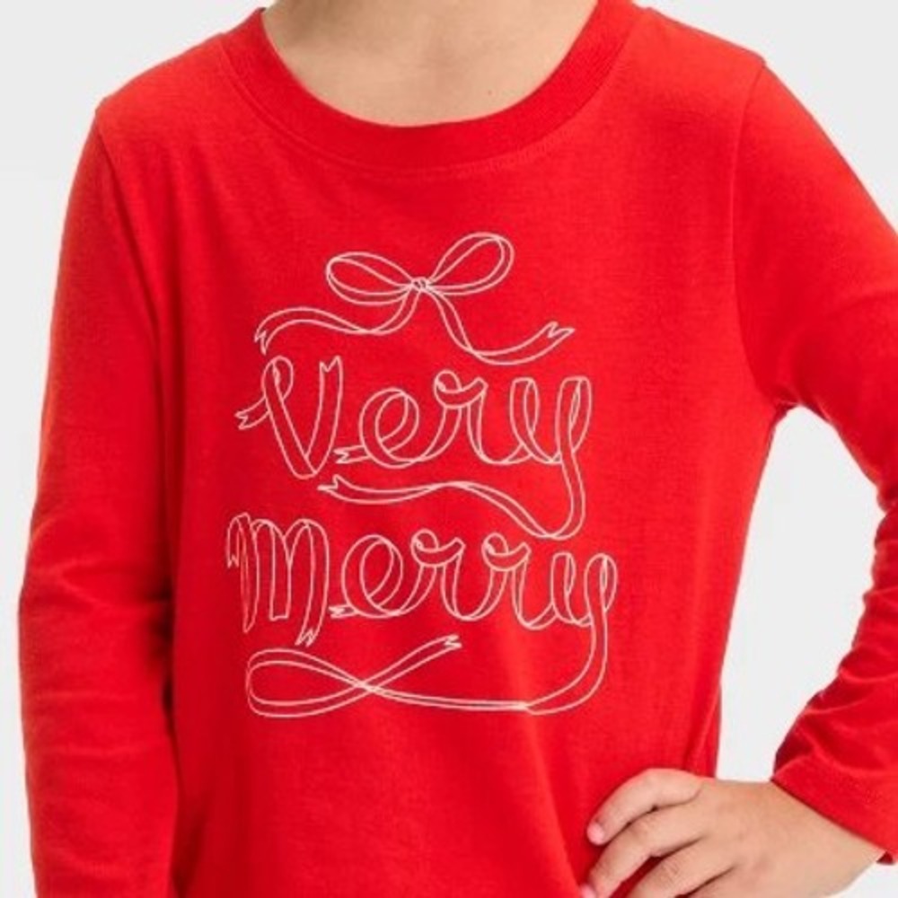Cat & Jack 2T NWT Kids Long Sleeve Red‎ Very Merry Christmas Graphic T Shirt Top